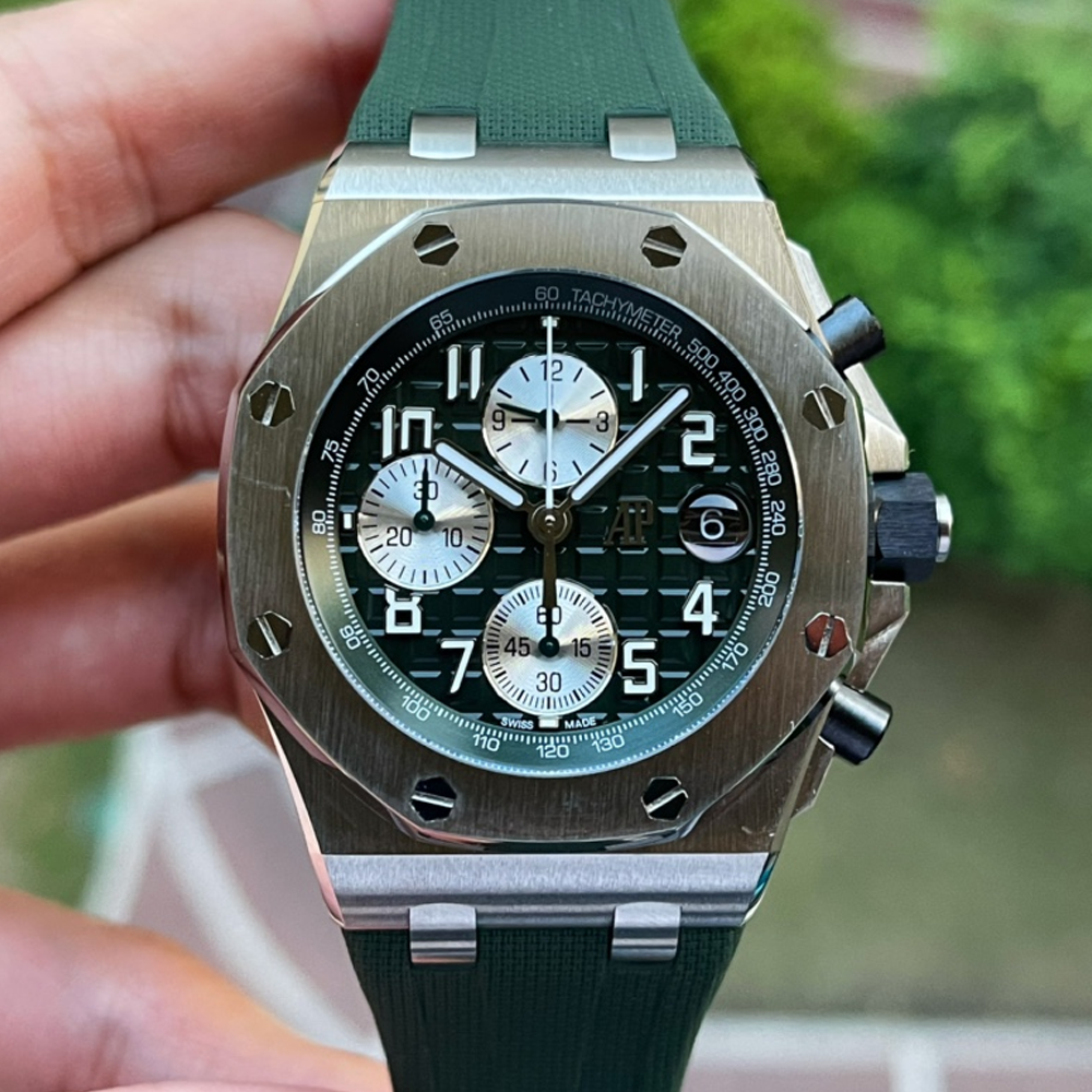 오데마피게 로얄오크 오프쇼어 크노로그래프 그린 다이얼 SS 그린 러버 스트랩 42mm 26238TI