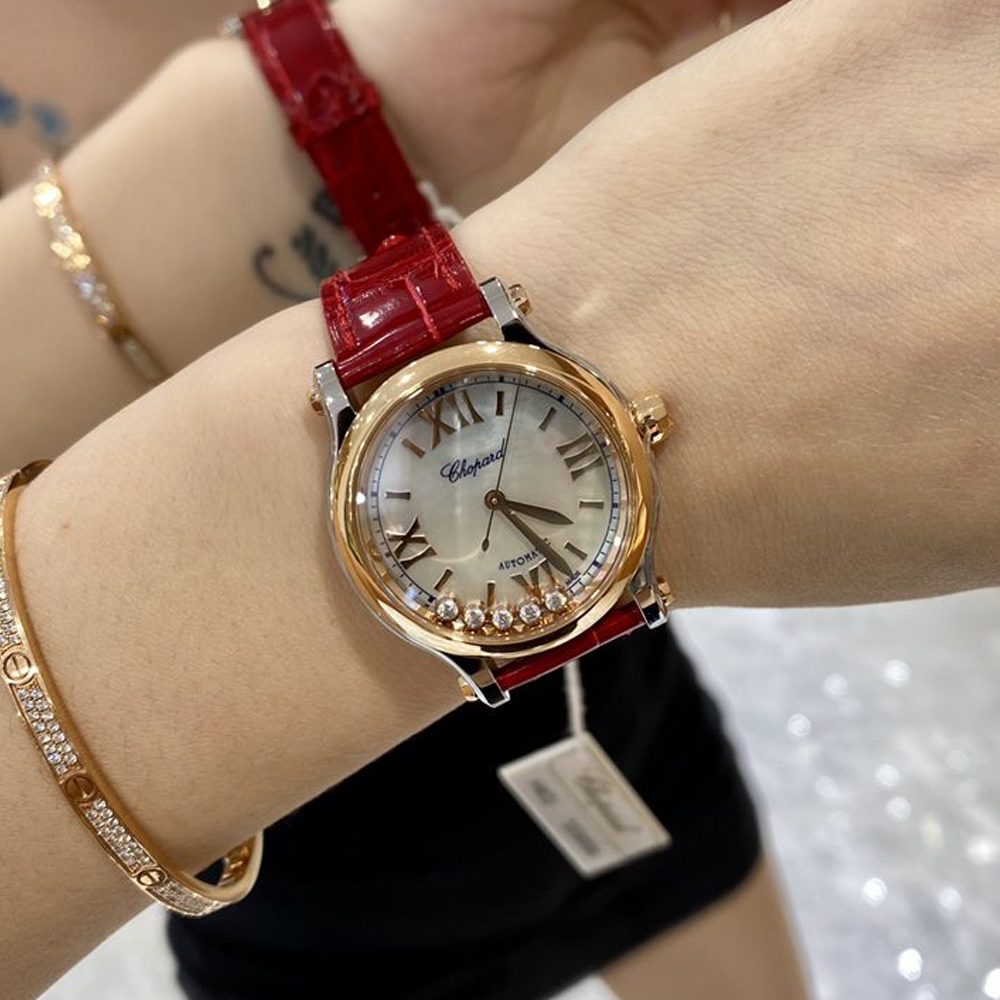 쇼파드 해피 스포츠 다이아몬드 로즈골드 레더 스트랩 33mm 275378-5005