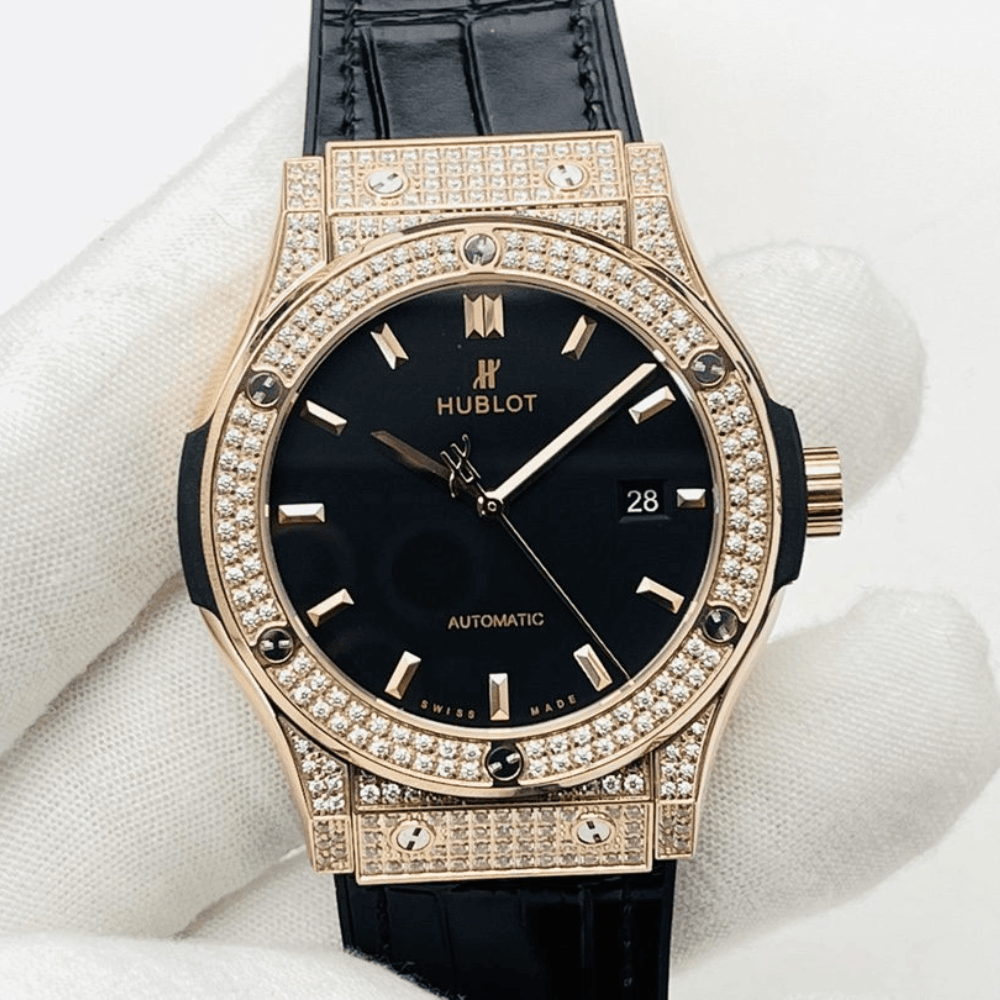 위블로 클래식 퓨전 블랙 다이얼 풀다이아 로즈골드 금통 가죽 스트랩 38mm/42mm 542.OX.1181.LR