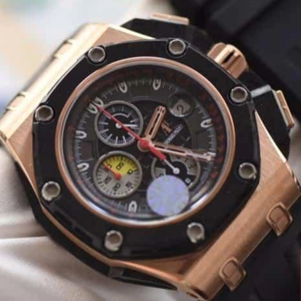 오데마피게 로얄오크 오프쇼어 그랑프리 한정판 블랙 카본 로즈골드 블랙 가죽 스트랩 V2 44mm 26290RO