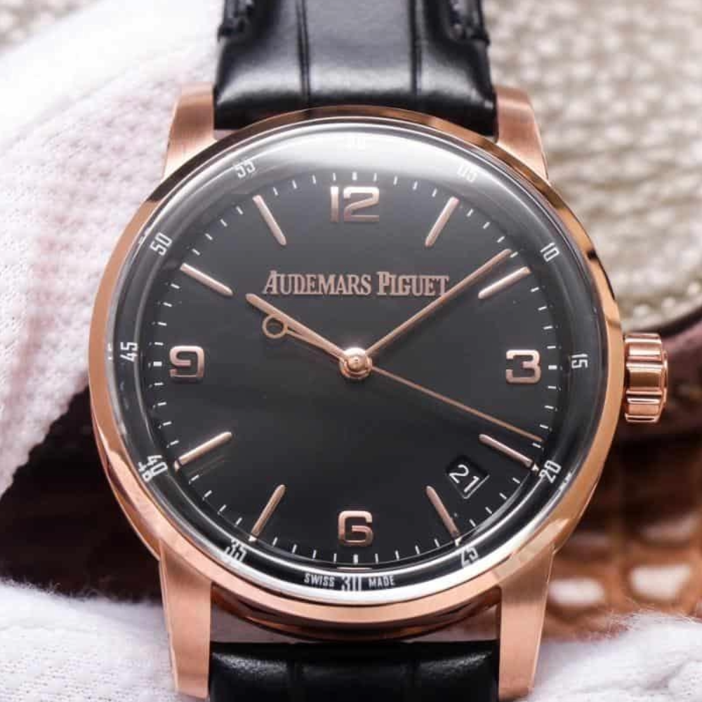 오데마피게 CODE 11.59 블랙 다이얼 로즈골드 블랙 가죽 스트랩 41mm 15210OR