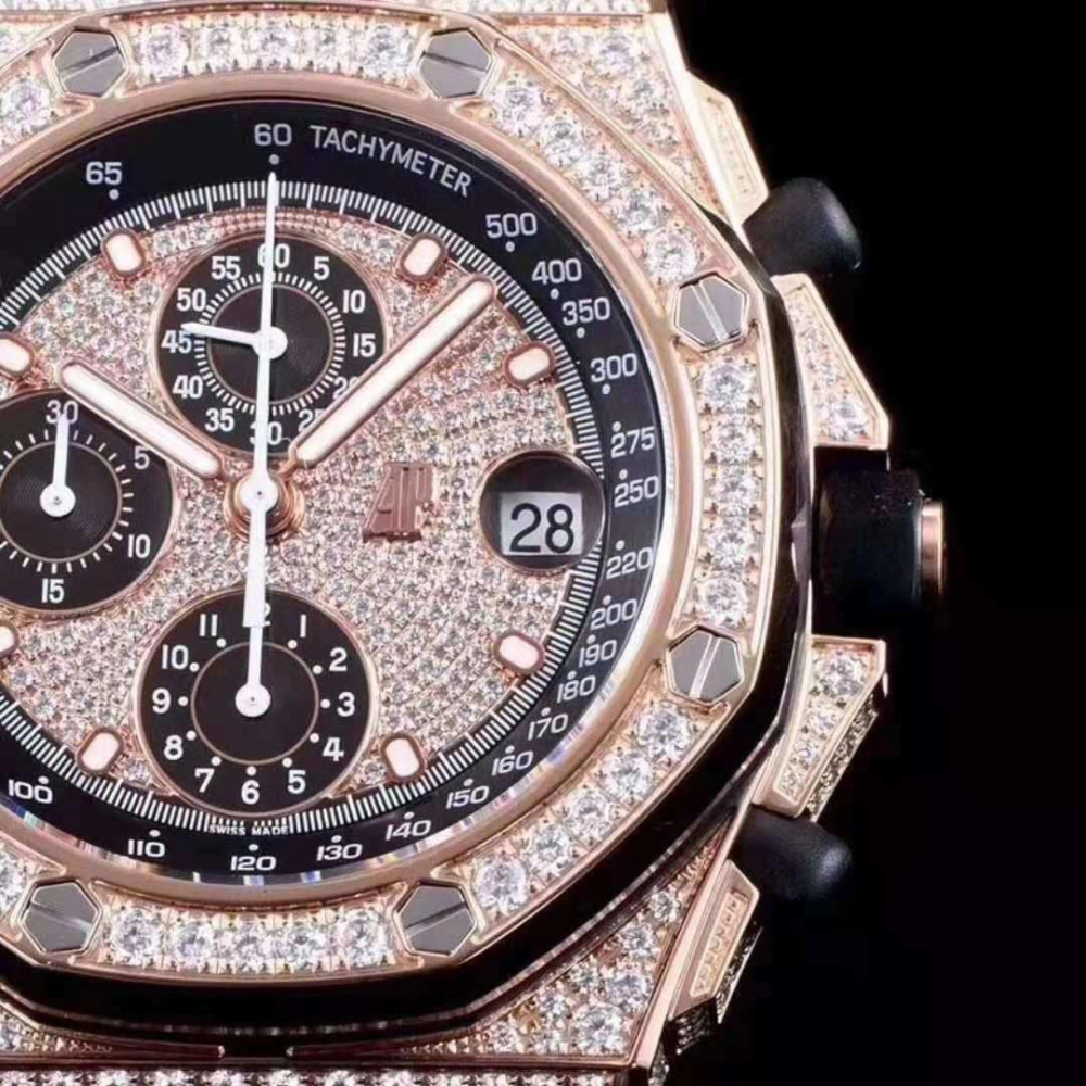 오데마피게 로얄오크 로즈골드 풀다이아 블랙 가죽 스트랩 42mm 26067