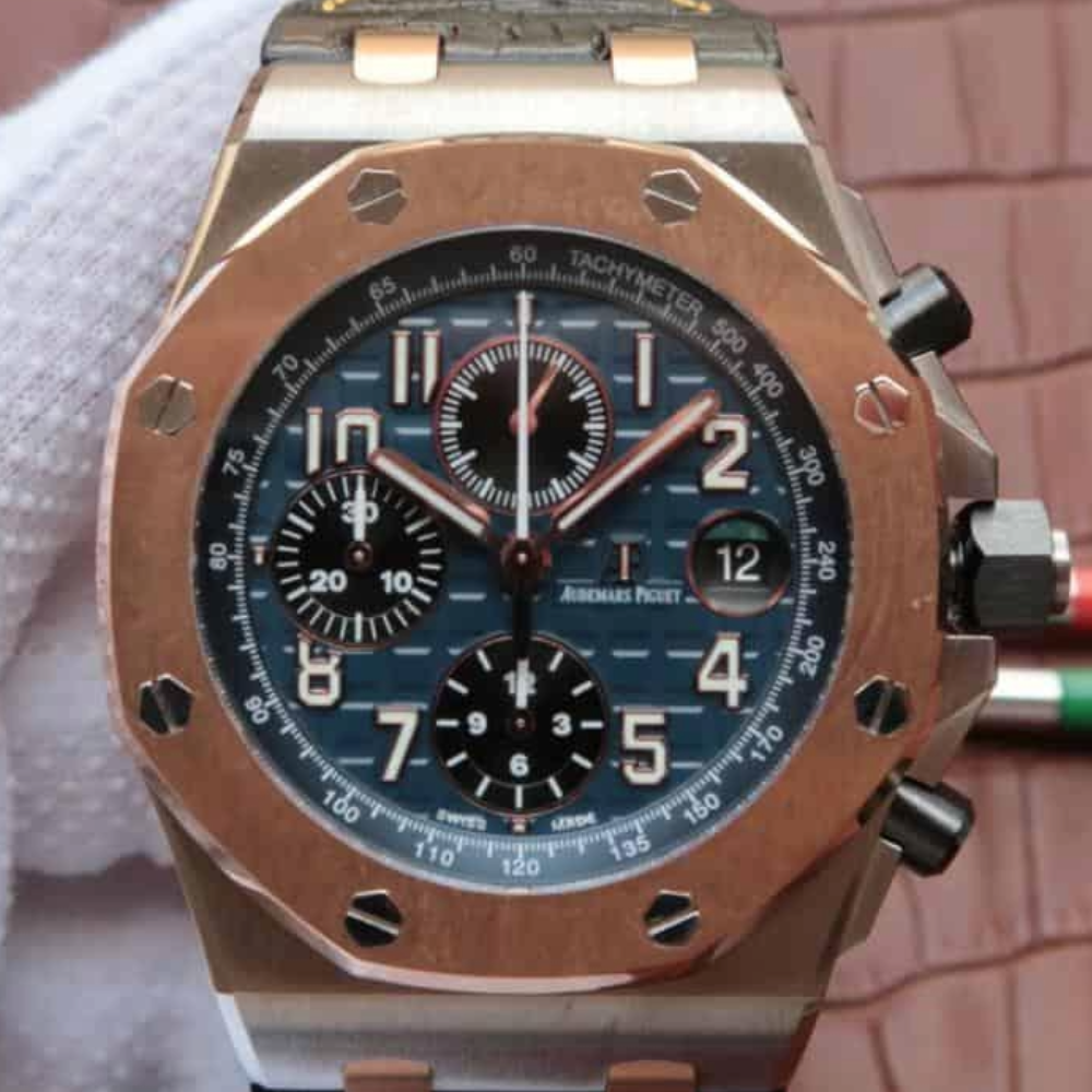 오데마피게 로얄오크 오프쇼어 블루 다이얼 로즈골드 블랙 가죽스트랩 42mm 26471SR