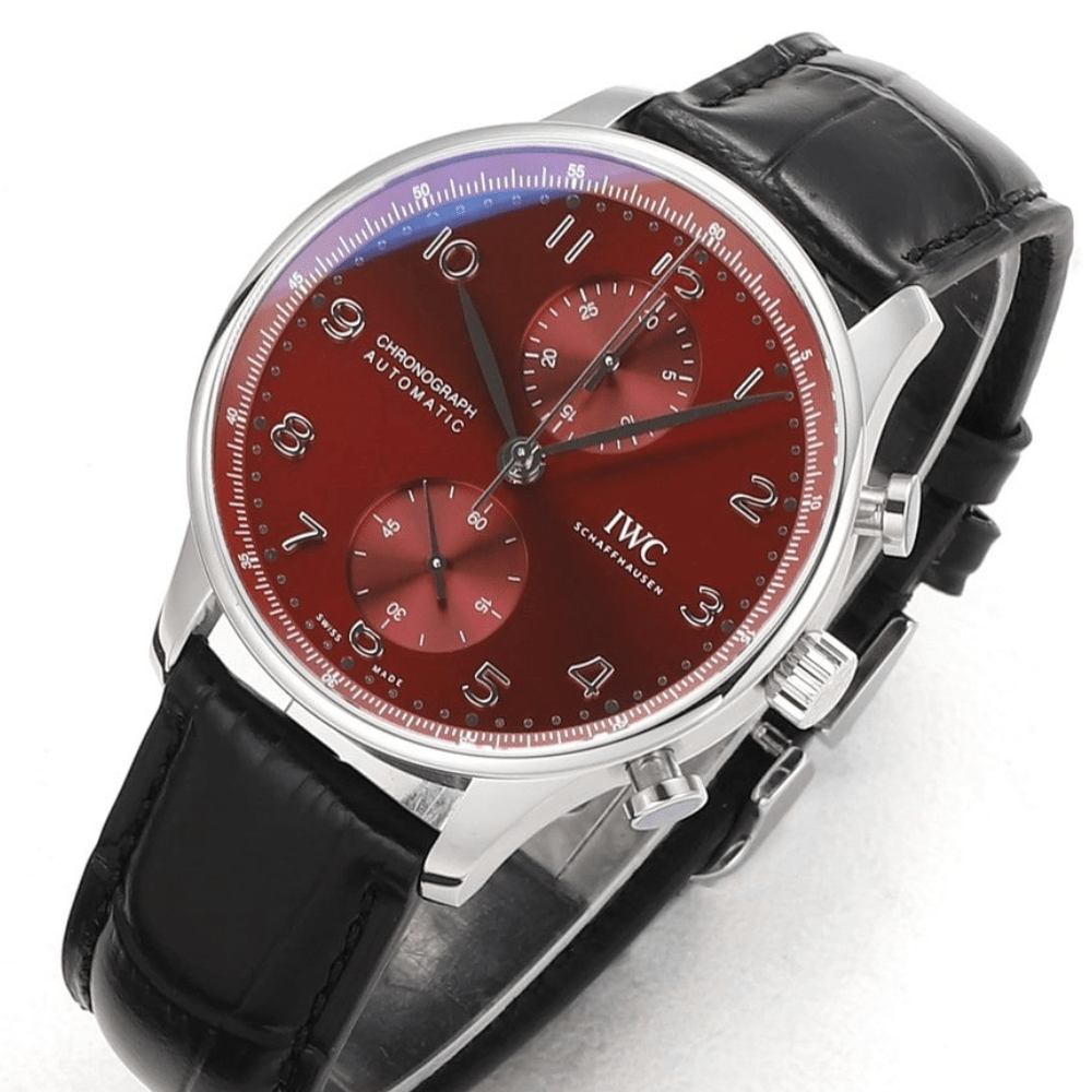 IWC 포르투기저 크로노그래프 버건디 다이얼 레더 스트랩 40mm IW371616