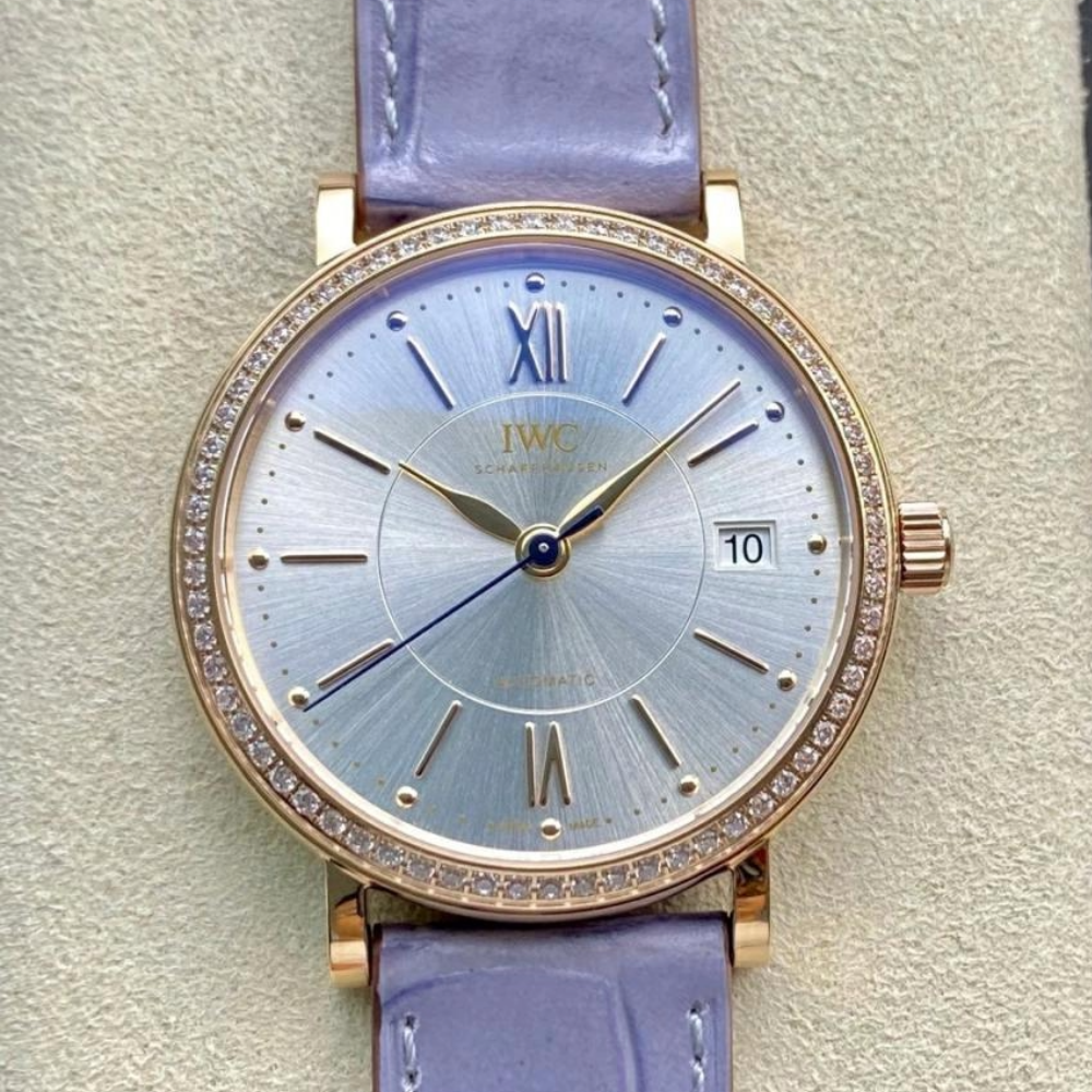 IWC 포르토피노 레이디 다이아베젤 로즈골드 그레이 다이얼 레더 스트랩 37mm IW458107