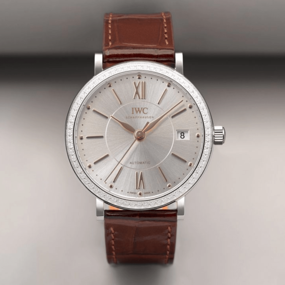 IWC 포르토피노 레이디 다이아베젤 실버 화이트 다이얼 레더 스트랩 37mm IW458103