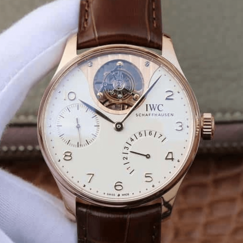 IWC 포르투기저 레트로그레이드 투르비옹  로즈골드 화이트 다이얼 레더 스트랩 44mm IW504202