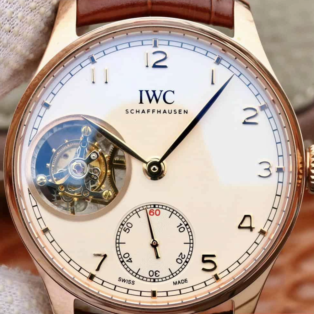 IWC 포르투기저 투르비옹 로즈골드 화이트 다이얼 레더 스트랩 44mm IW5463