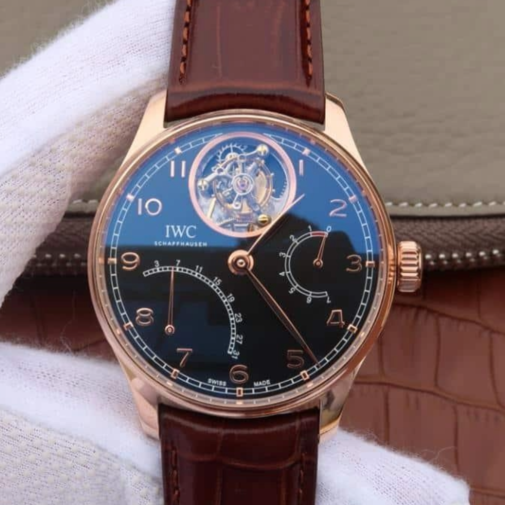 IWC 포르투기저 투르비옹 로즈골드 블랙 다이얼 레더 스트랩 44.2mm IW504401