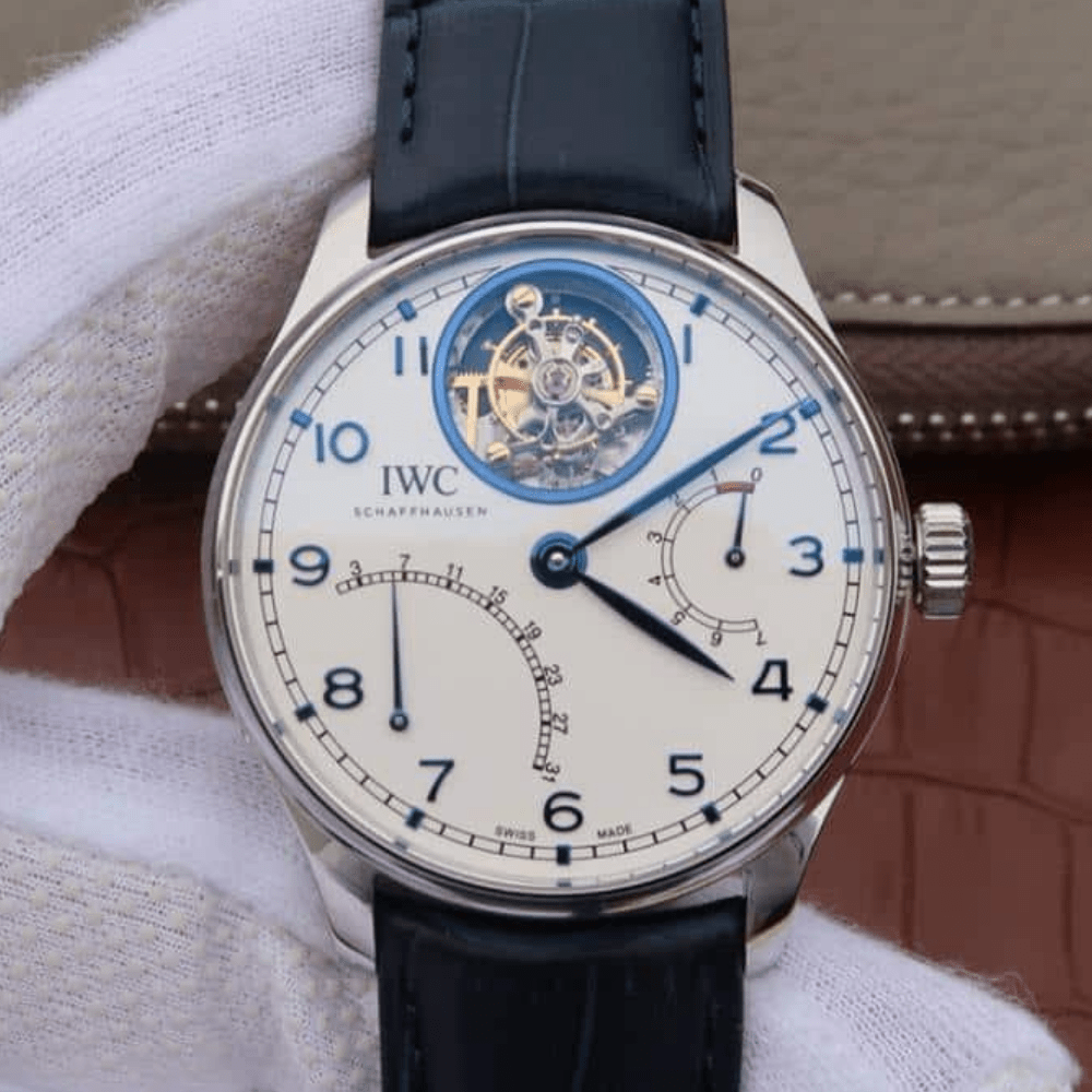 IWC 포르투기저 투르비옹 스틸 화이트/블루 다이얼 레더 스트랩 44.2mm IW504401