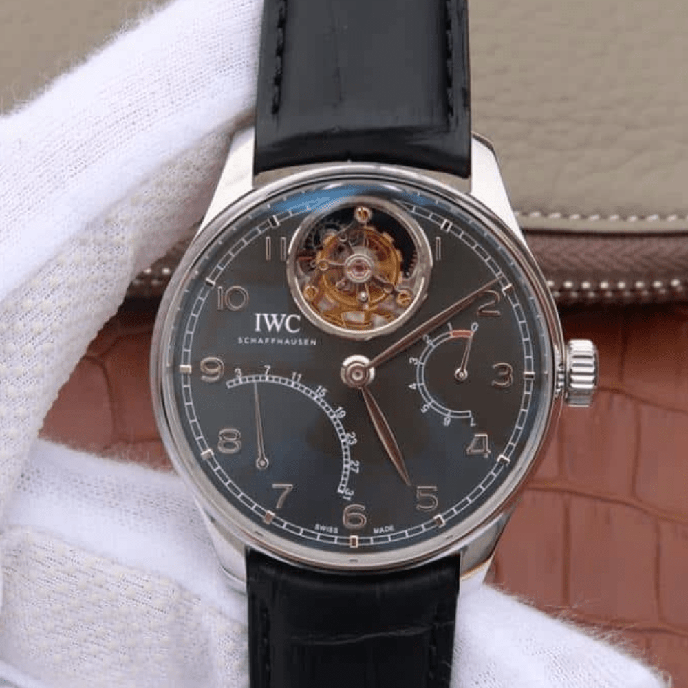 IWC 포르투기저 투르비옹 스틸 그레이 다이얼 레더 스트랩 44.2mm IW504401