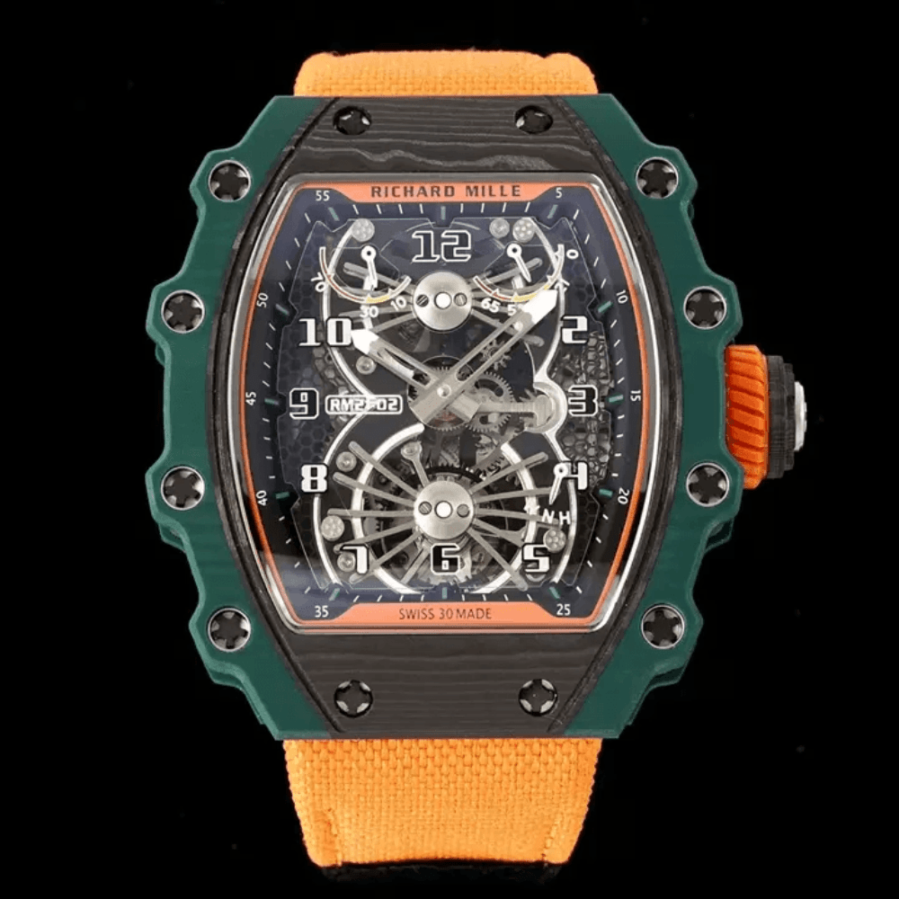리차드밀 블랙 카본 스켈레톤 투르비옹 다이얼 오렌지 우븐 스트랩 RM21-02