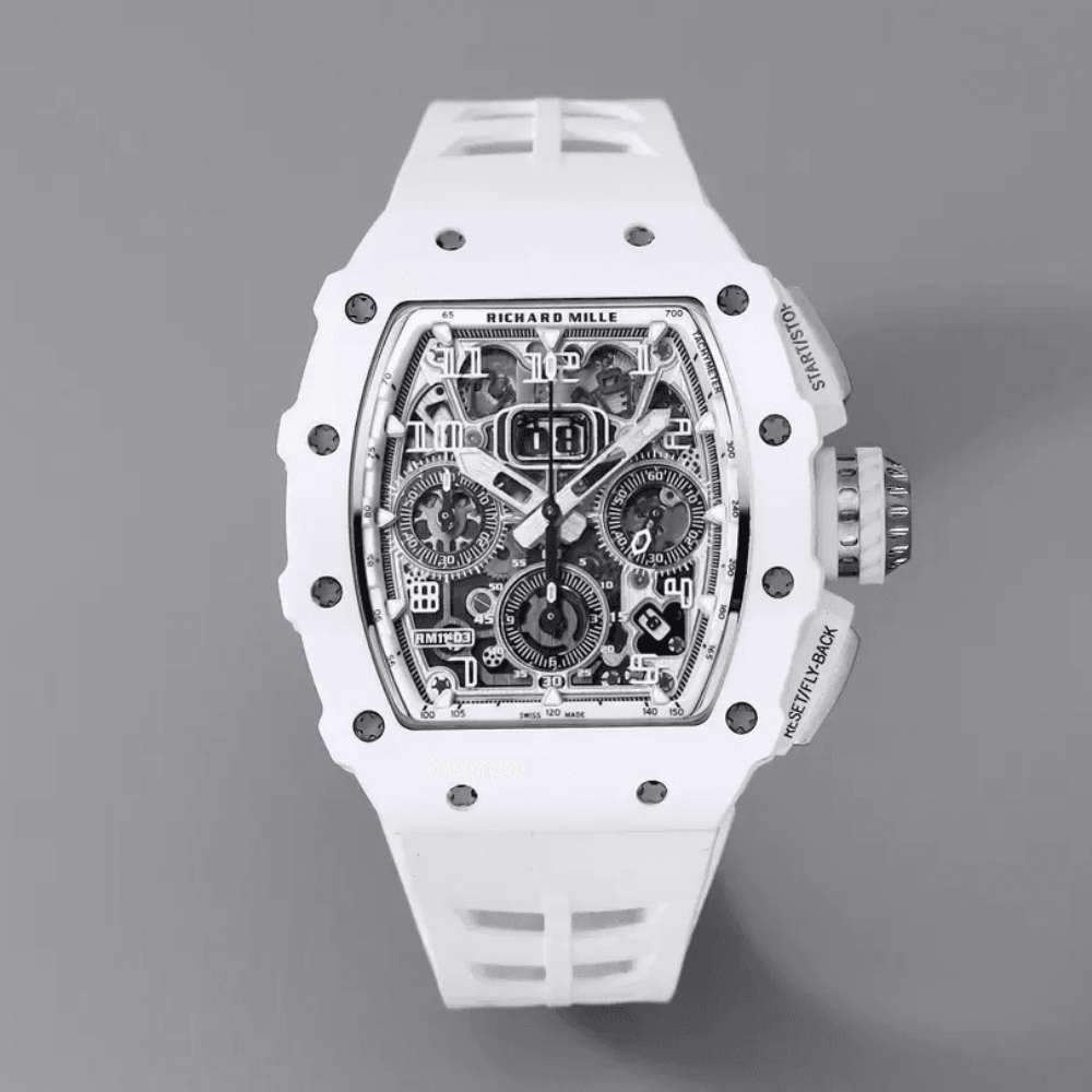 리차드밀 화이트 세라믹 스켈레톤 다이얼 화이트 러버 스트랩 v5 RM11-03