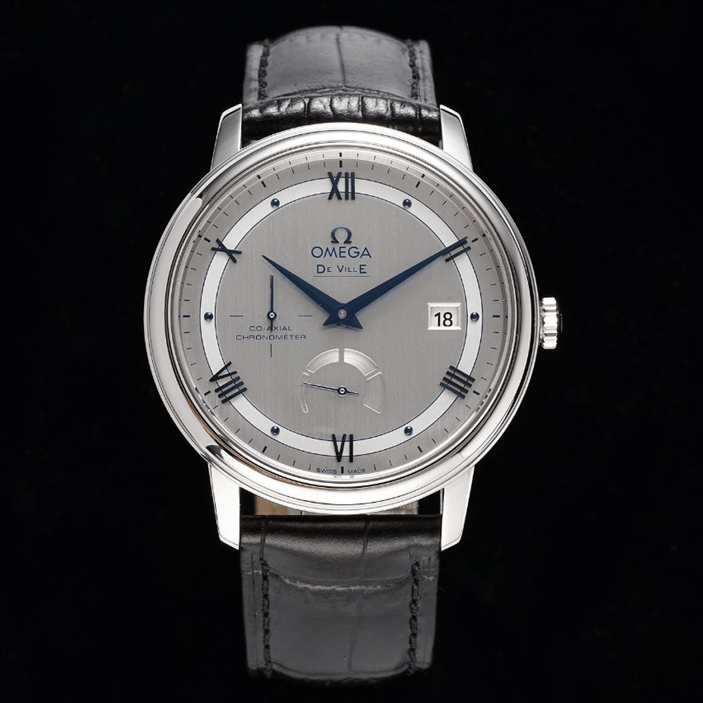 오메가 드빌 그레이 다이얼 드레스 워치 가죽 스트랩 424.13.40.21.02.003