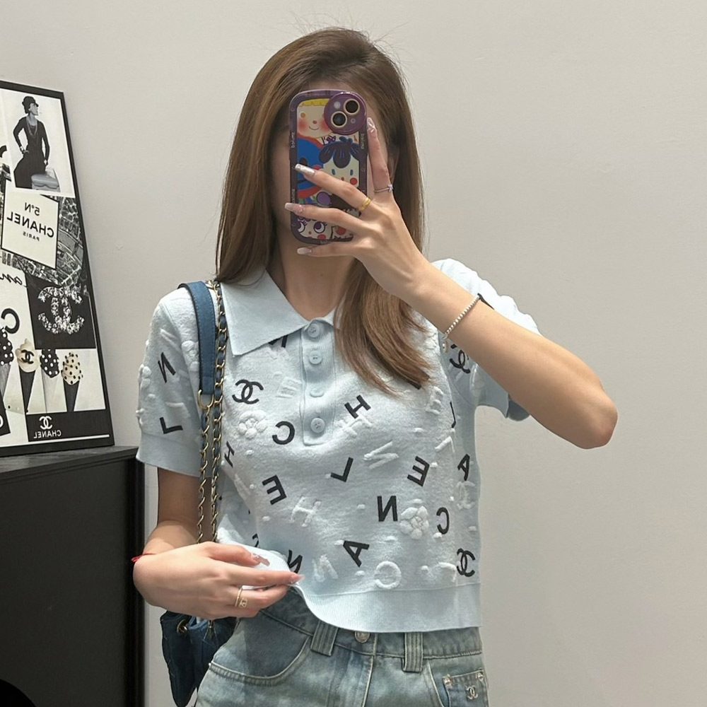 샤넬 24SS 자카드 폴로 니트 반팔 블루