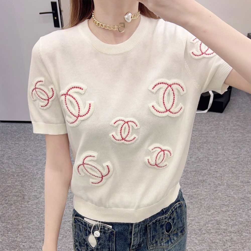 샤넬 24SS 자수 빅로고 니트 반팔 화이트
