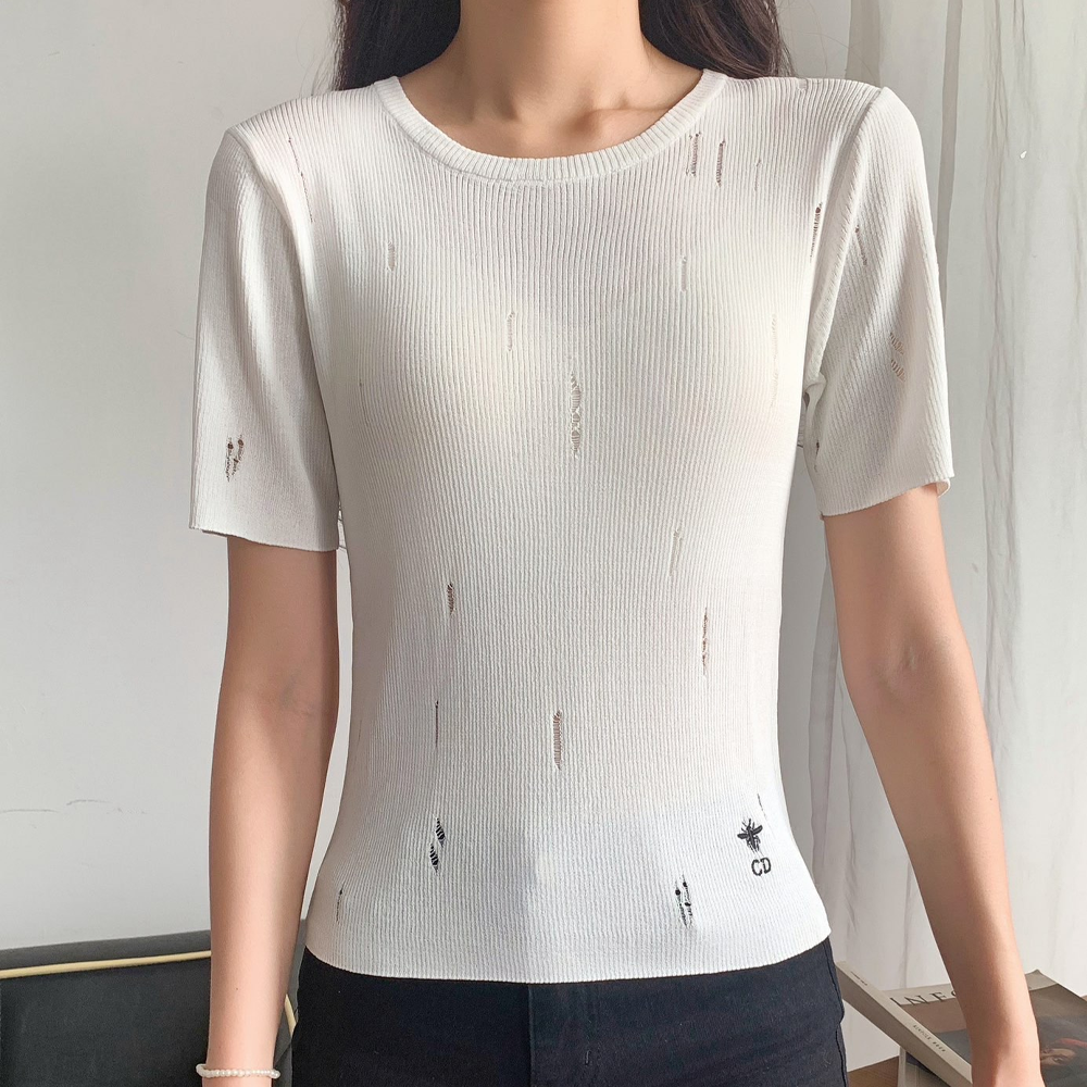 디올 24SS 꿀벌 자수 로고 데미지 니트 반팔