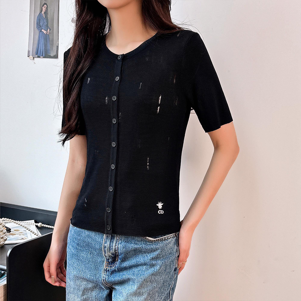 디올 24SS 꿀벌 자수 로고 데미지 가디건 반팔 블랙