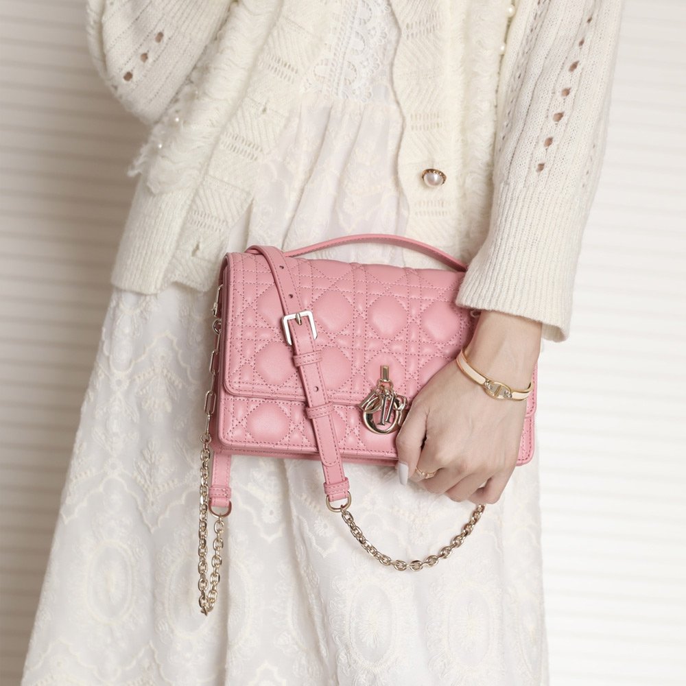 디올 레이디 탑 핸들 클러치 미니 백 핑크