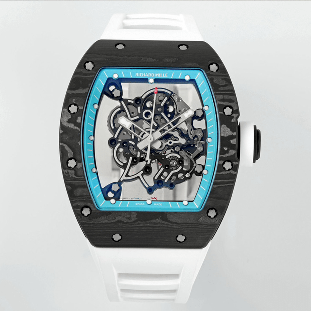 리차드밀 부바왓슨 블랙 NTPT 카본 스켈레톤 다이얼 화이트 러버밴드 (블루이너베젤) RM055