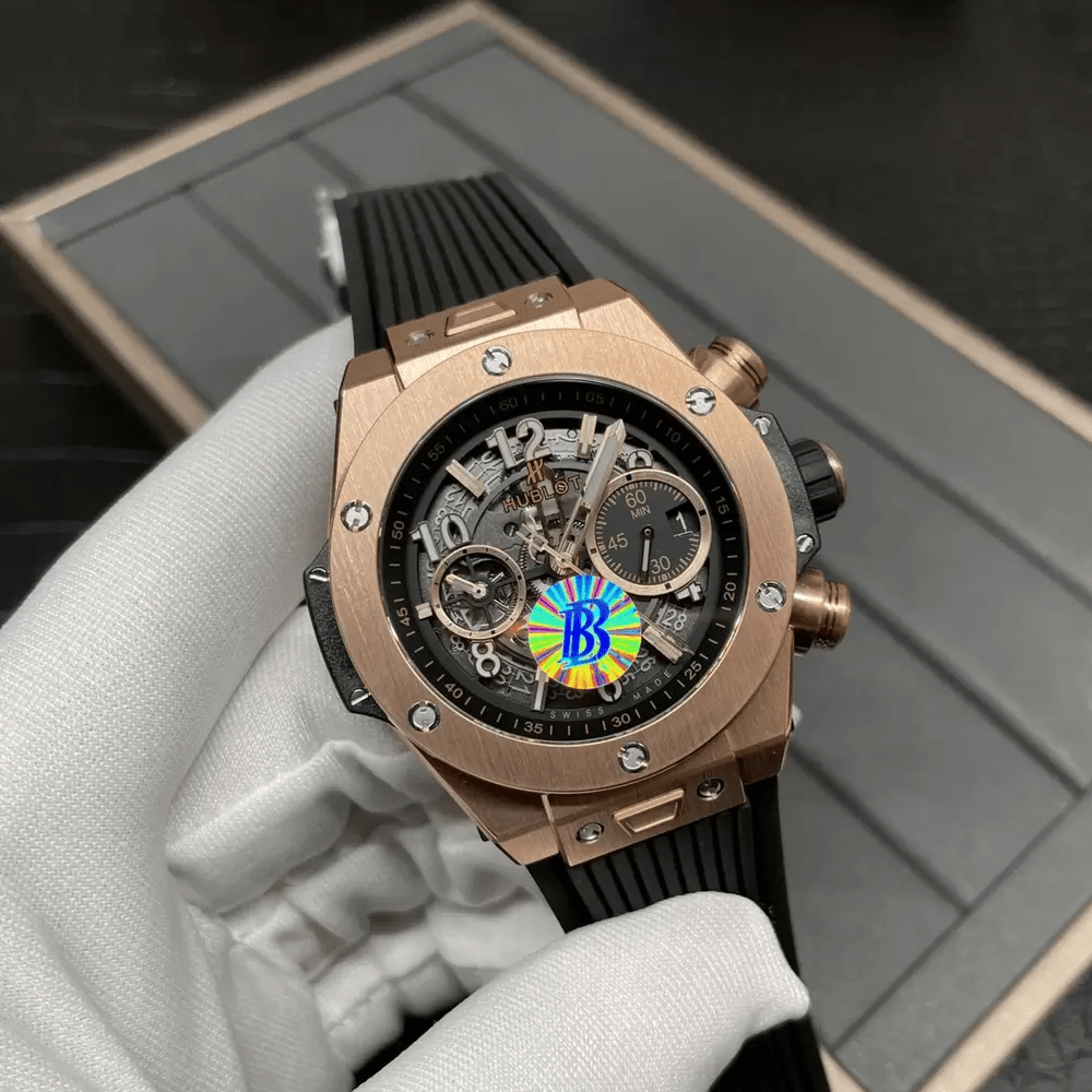 위블로 빅뱅 크로노그래프 로즈골드 블랙 러버 스트랩 42mm 421.OX.1170.RX