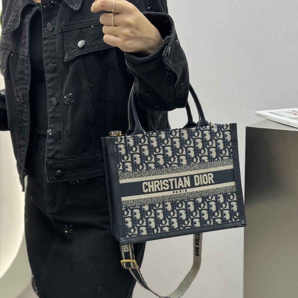 디올 오블리크 북 토트 레더 백 스몰 블루