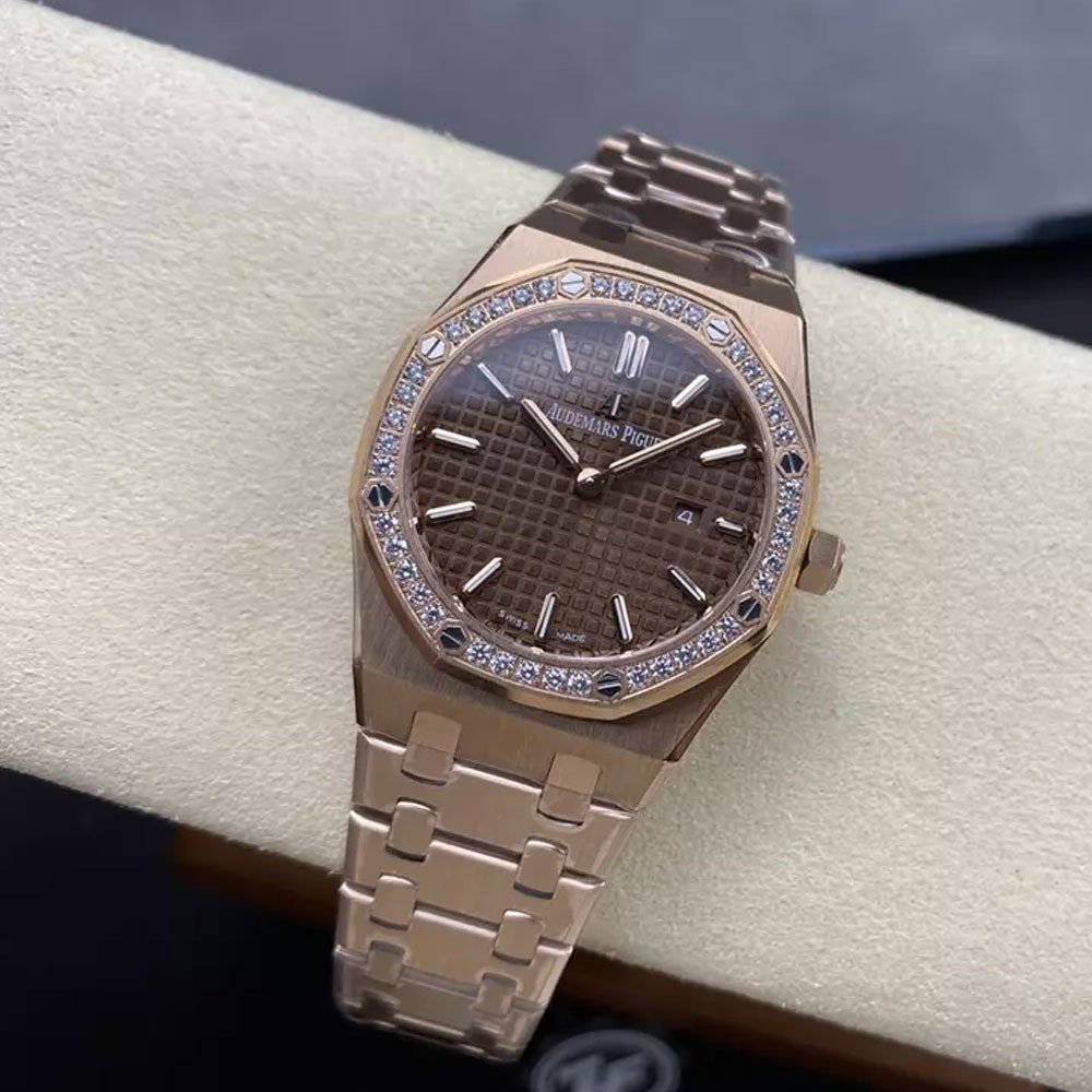 오데마피게 레이디 로얄오크 브라운 다이얼 다이아베젤 로즈골드 금통 33mm 여성용 67651