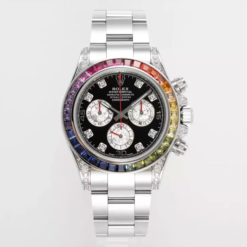 롤렉스 데이토나 크로노그래프 검판 다이얼 8P다이아 레인보우 베젤 40mm 116599