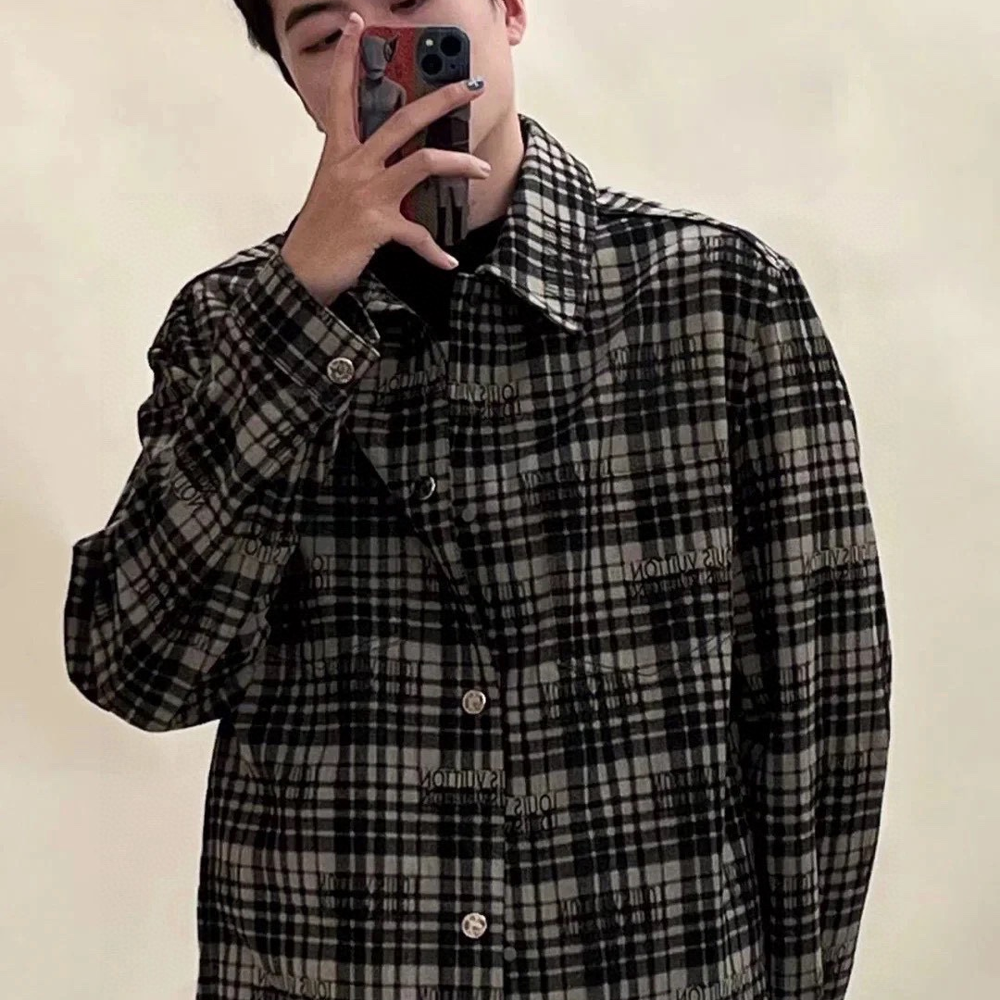 루이비통 체크 코튼 데님 워싱 셔츠