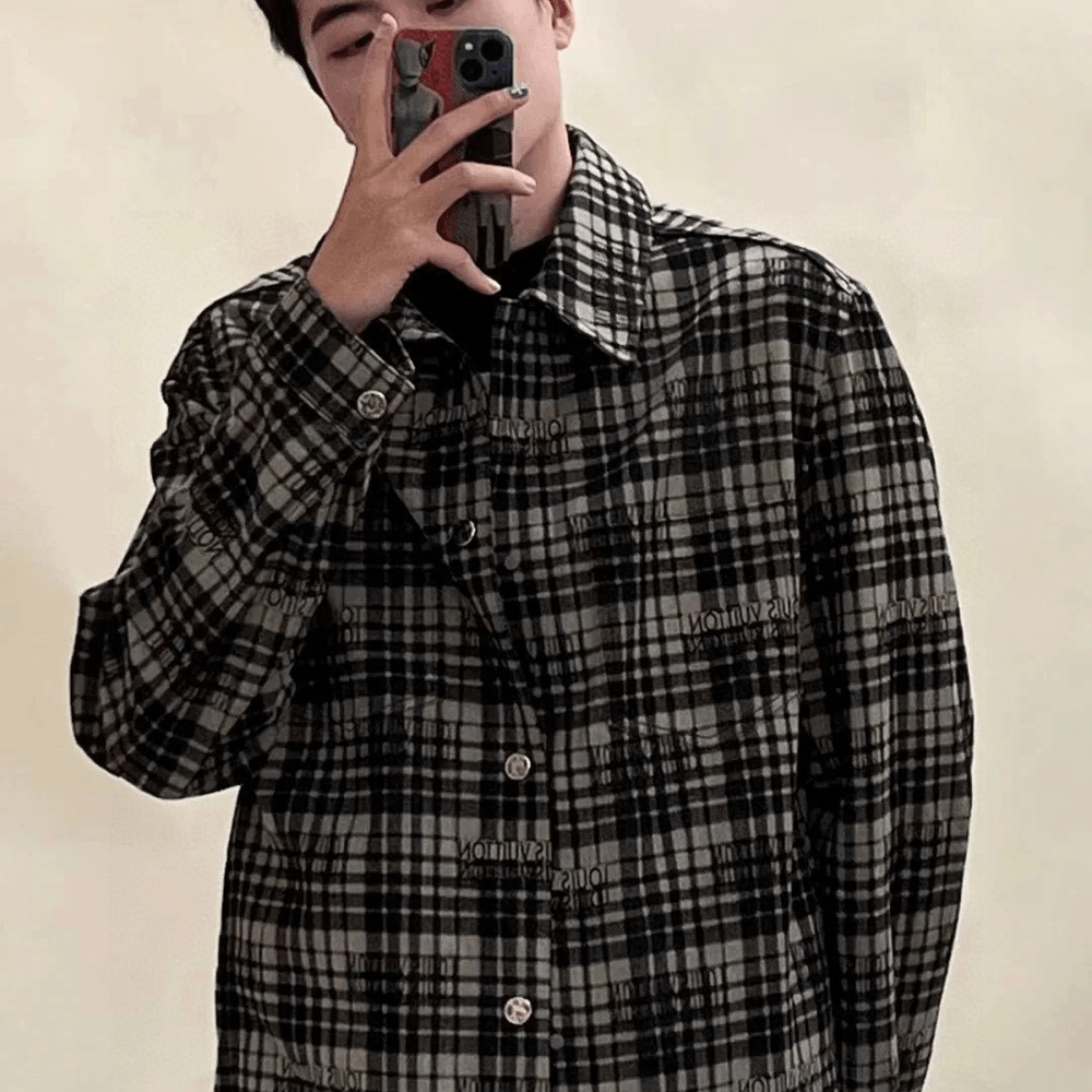 루이비통 체크 코튼 데님 워싱 셔츠