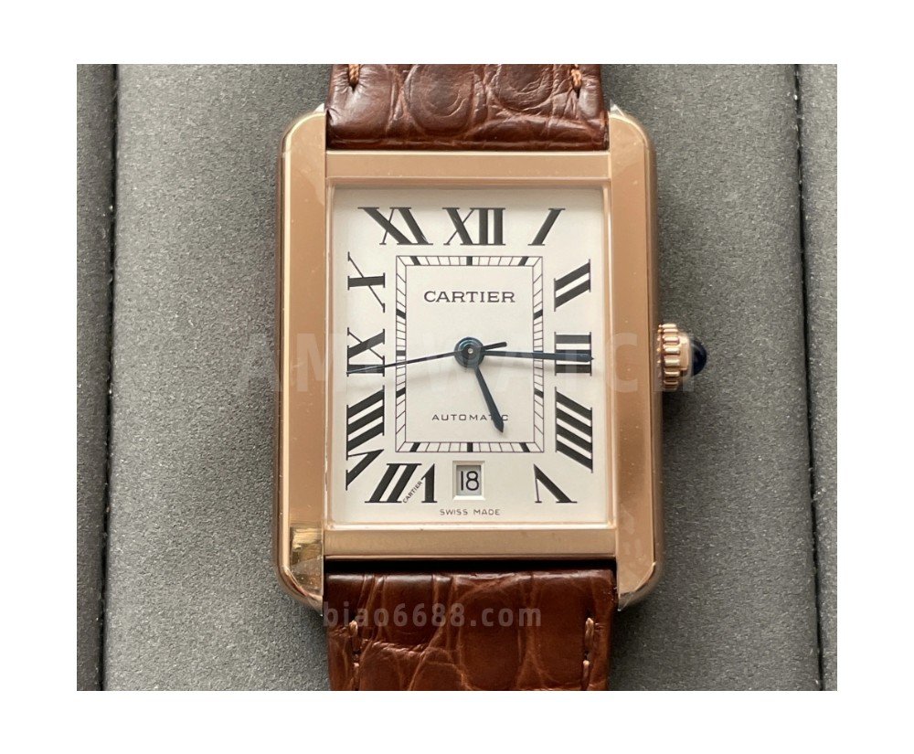 까르띠에 탱크 솔로 엑스트라 라지 오토매틱 로즈골드 악어가죽 스트랩 31mm W5200026