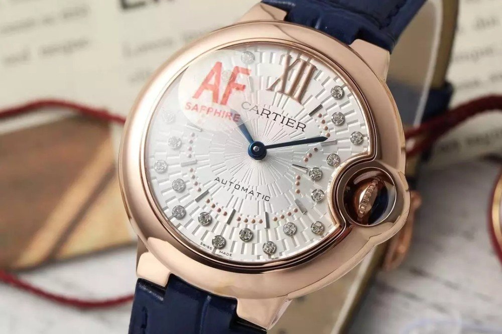 까르띠에 블루 벌룬 다이아 다이얼 로즈골드 블루 레더 스트랩 33mm