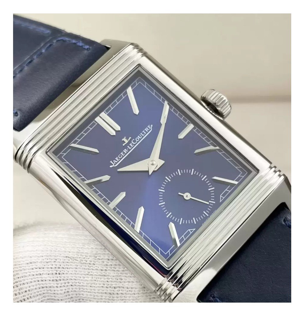 예거 르쿨트르 리베르소 클래식 라지 듀오페이스 스몰 세컨드 블루 다이얼 레더 스트랩 Q3988482
