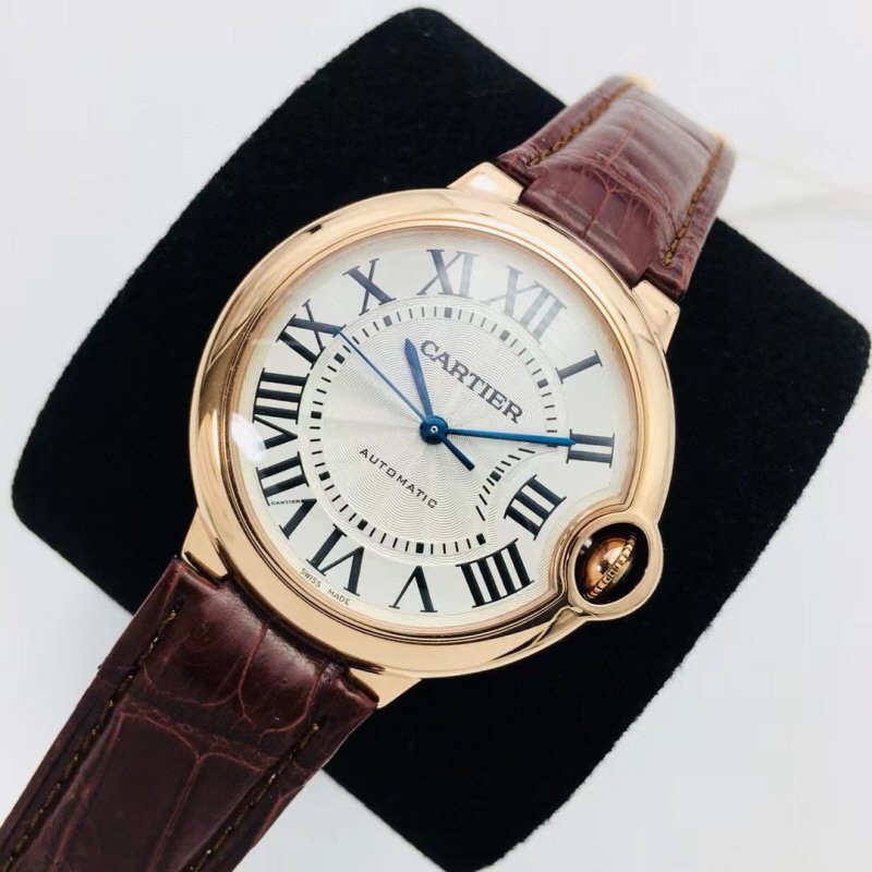 까르띠에 블루 벌룬 화이트 다이얼 로즈골드 브라운 레더 스트랩 33mm