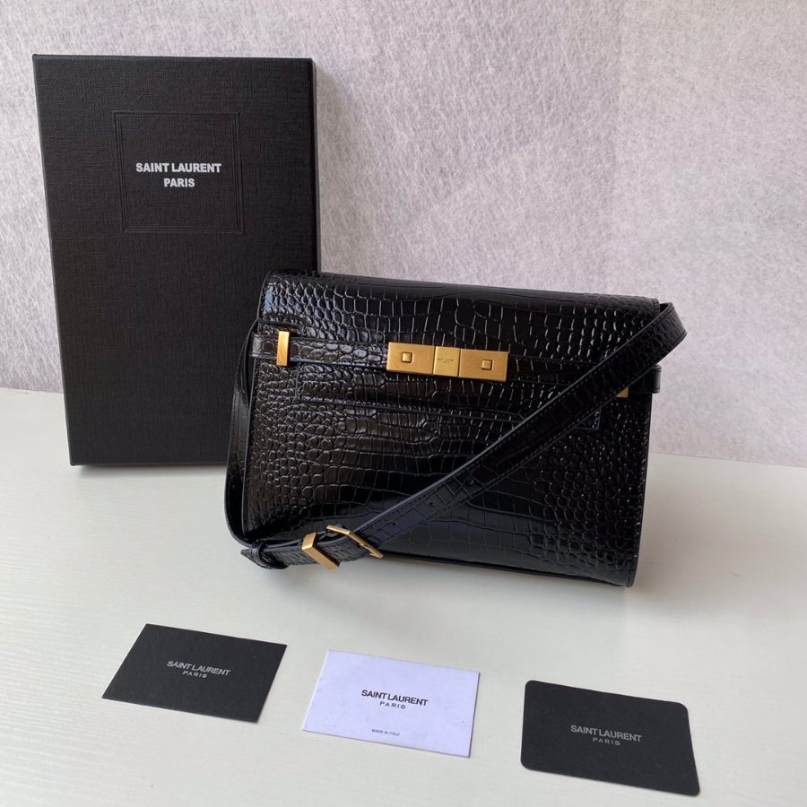 생로랑 MANHATTAN 크로커다일 스몰 숄더백 블랙