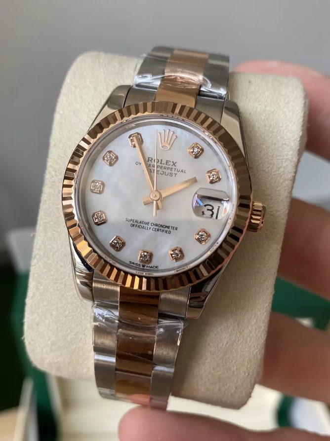 롤렉스 여성용 데이저스트 그레이 MOP 다이아몬드 다이얼 프레지던트 SS/RG 31mm 278271