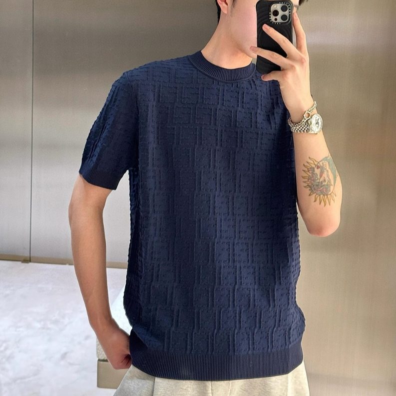 펜디 아이보리 코튼 블랜드 반팔 네이비