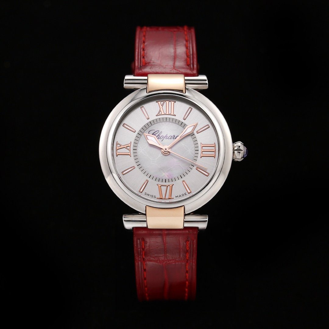 쇼파드 임페리알레 화이트 다이얼 로즈골드 콤비 레더스트랩 29mm 388563-3001
