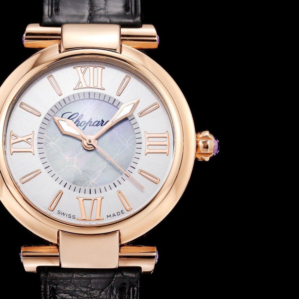 쇼파드 임페리알레 화이트 다이얼 로즈골드 레더 스트랩 29mm 384319-5001